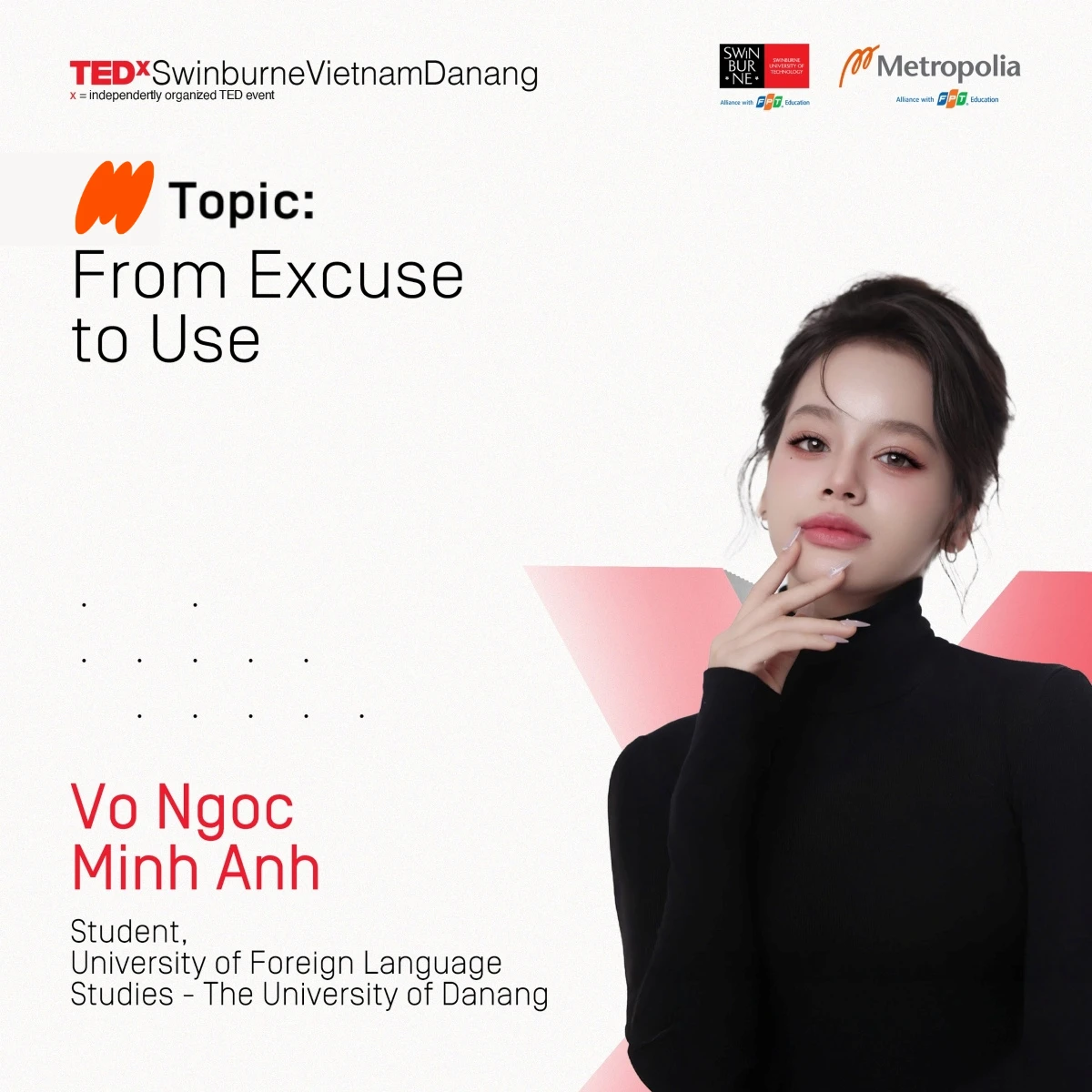 Võ Ngọc Minh Anh (Alena) – sinh viên Trường Đại học Ngoại ngữ – Đại học Đà Nẵng – diễn giả tại TEDxSwinburneVietnamDanang 2025.