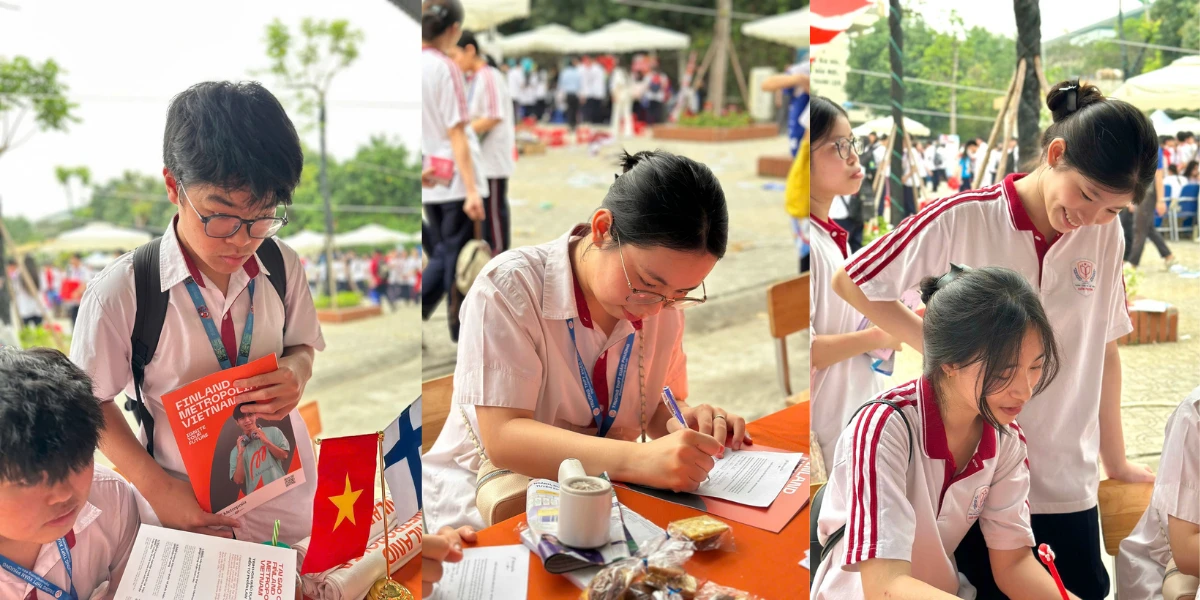 Học sinh THPT Xuân Phương quan tâm tìm hiểu thông tin chương trình đào tạo quốc tế tại ngày hội tư vấn hướng nghiệp