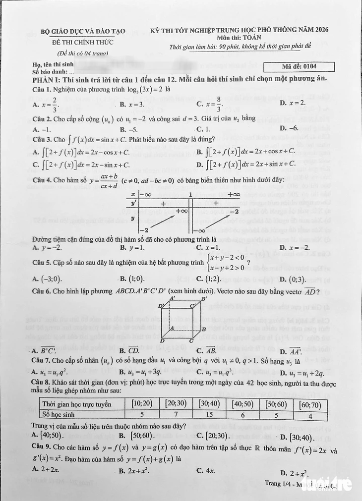 Đề thi môn Toán tốt nghiệp THPT 2026: Cập nhật một số mã đề và gợi ý đáp án 5 Trang 1 - Đề thi toán tốt nghiệp THPT 2026 - Mã 0104 (Nguồn ảnh: Báo Tuổi trẻ)