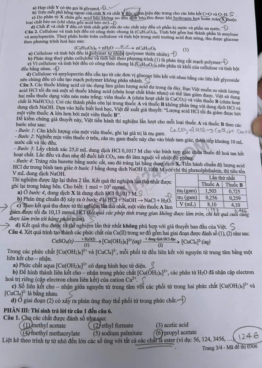 Đề thi Vật lý, Hóa học, Sinh học kỳ thi tốt nghiệp THPT 2026 và đáp án tham khảo 7 Đề thi môn Hoa tốt nghiệp THPT 2026 - mã 0306 (Trang 3)