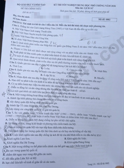  Đề thi môn Sử tốt nghiệp THPT 2026 - mã 0802 (Trang 1)