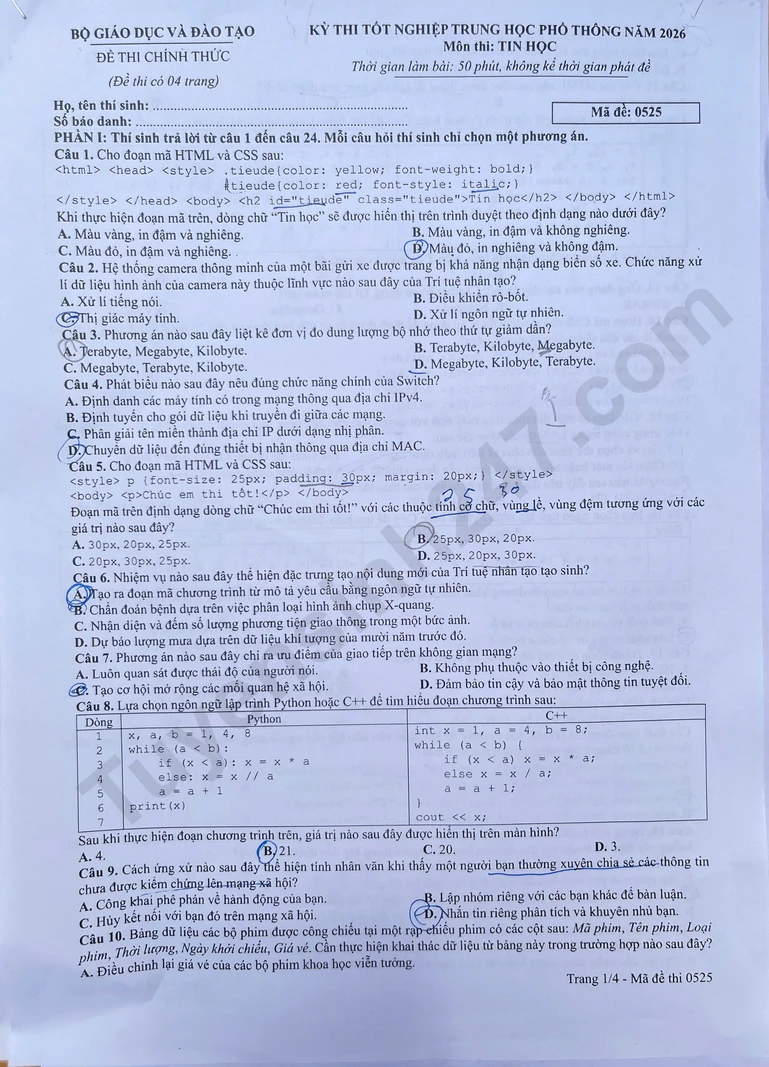 Đề thi môn Tin học tốt nghiệp THPT 2026: Cấu trúc mới 30 câu hỏi và gợi ý đáp án tham khảo 1 Đề thi môn Tin học kỳ thi tốt nghiệp THPT 2026 - mã đề 0525 (Trang 1)