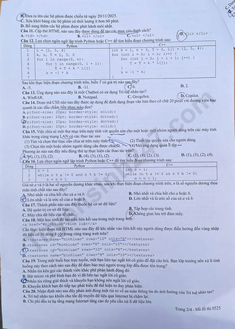 Đề thi môn Tin học tốt nghiệp THPT 2026: Cấu trúc mới 30 câu hỏi và gợi ý đáp án tham khảo 2 Đề thi môn Tin học kỳ thi tốt nghiệp THPT 2026 - mã đề 0525 (Trang 2)
