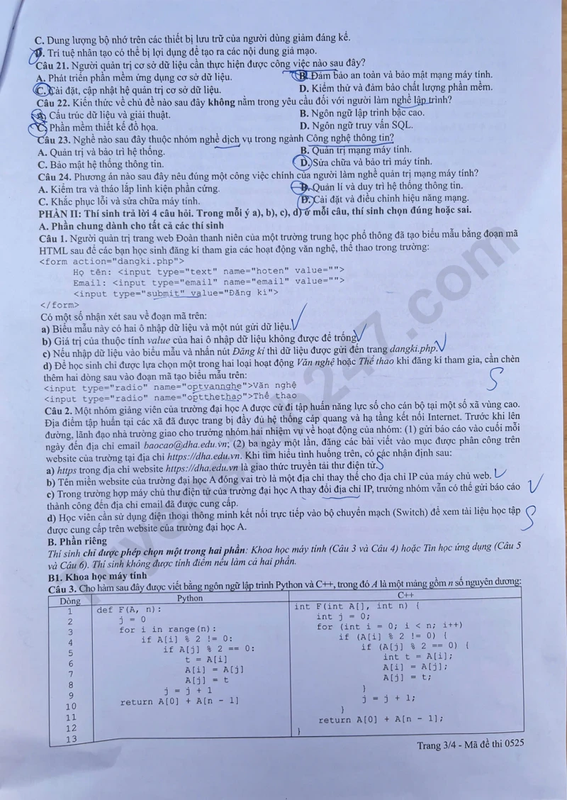 Đề thi môn Tin học tốt nghiệp THPT 2026: Cấu trúc mới 30 câu hỏi và gợi ý đáp án tham khảo 3 Đề thi môn Tin học kỳ thi tốt nghiệp THPT 2026 - mã đề 0525 (Trang 3)