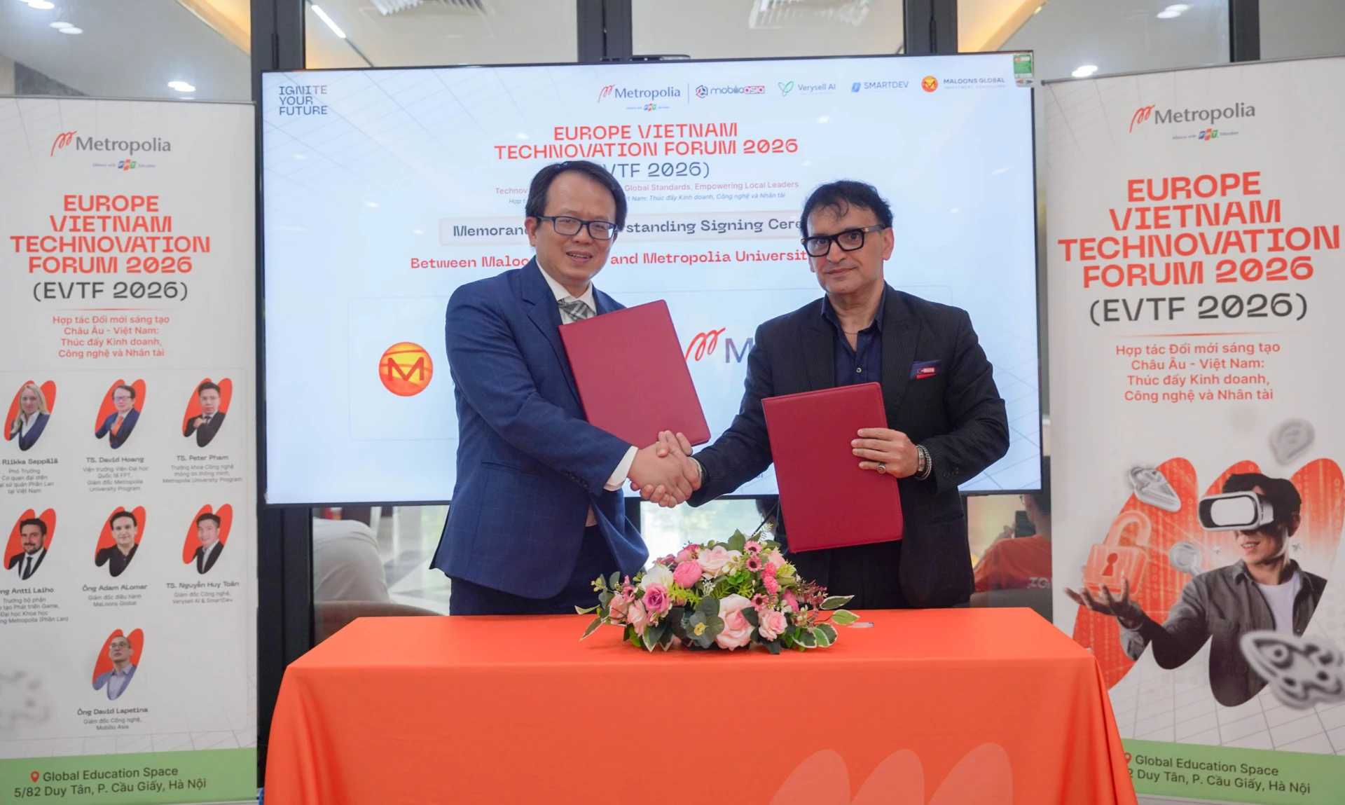 Lễ ký kết các biên bản ghi nhớ hợp tác (MOU) giữa Metropolia University Program và các doanh nghiệp, tổ chức đối tác trong khuôn khổ EVTF 2026. 